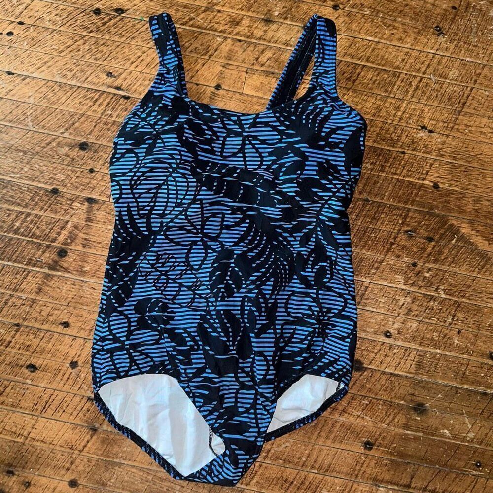 Lands End blue & black tropical striped sz10 one piece swimsuit